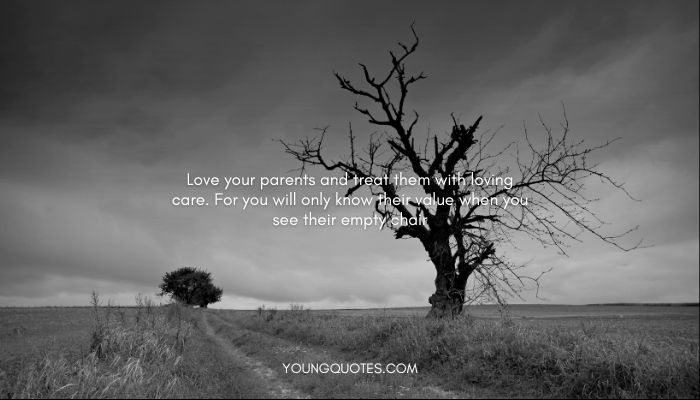 Sad parenthood quotes - Love your parents and treat them with loving care. For you will only know their value when you see their empty chair.